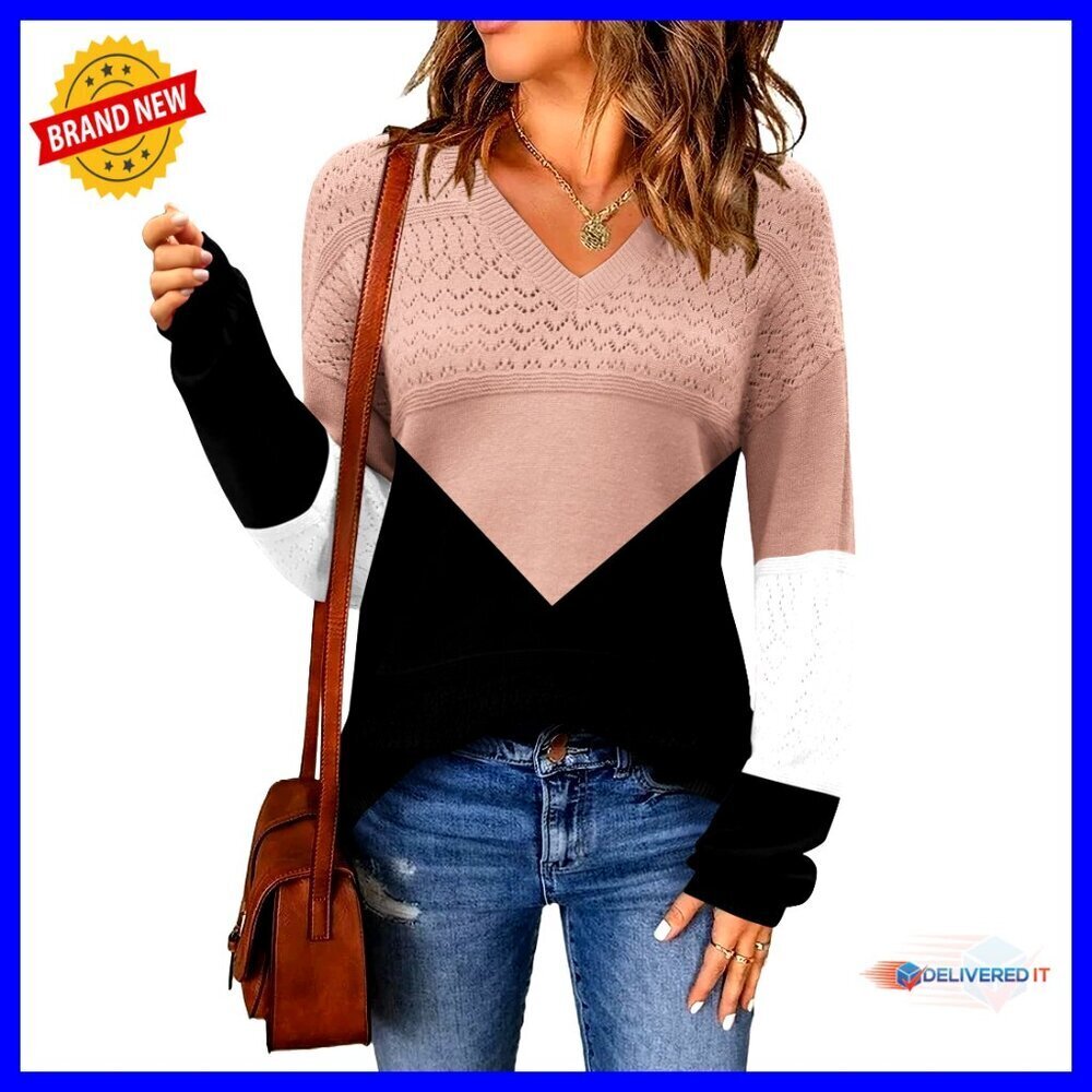 Crochet Pullover Sweater Lightweight Ribbed Knit V Neck Lantern Sleeves